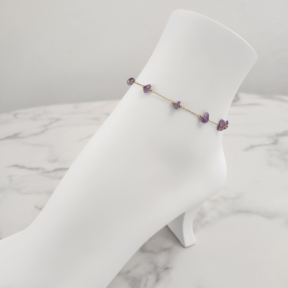 Minimalist Purple Dainty Stones 18K Gold Plated Anklet - Picture 6 of 15